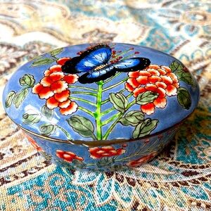 Trinket Box Enameled Hinged Granite Ware floral brass blue Vintage
